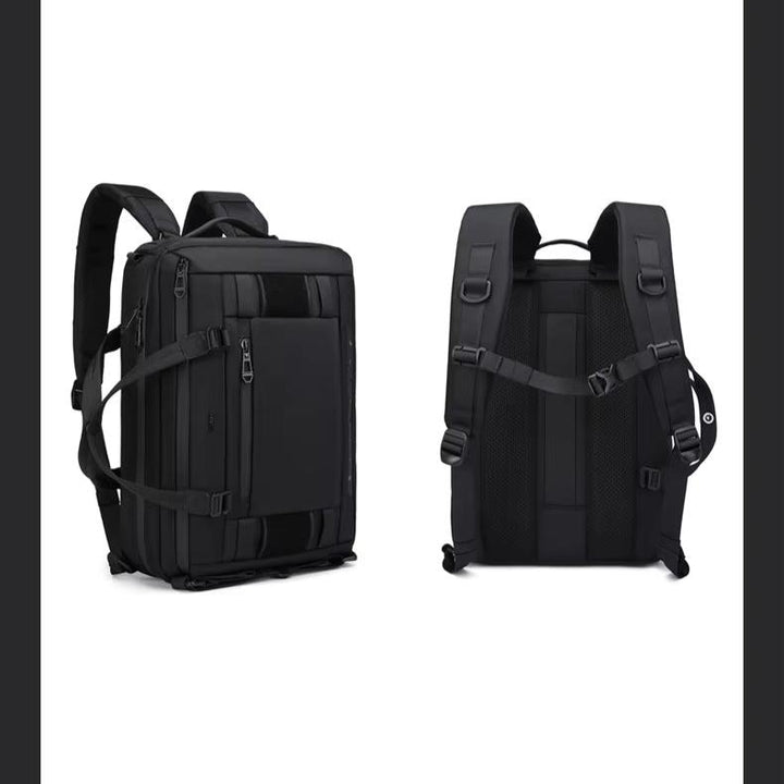 Zaino nero multifunzione, design moderno, con spallacci regolabili e tasche multiple, ideale per viaggi e lavoro. Materiale resistente e impermeabile.
