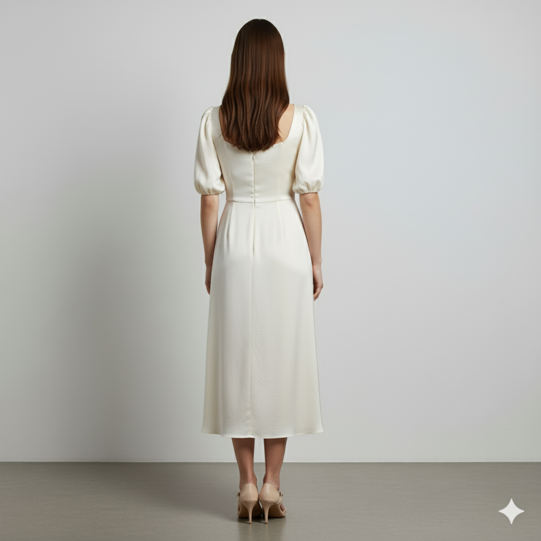 Abito Midi Donna in Raso Svasato Manica a Palloncino
