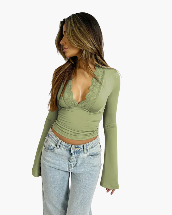 Donna Maniche Lunghe Pizzo Scollo a V