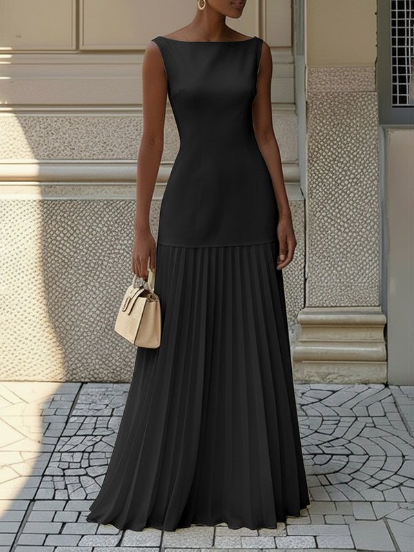 Vestito Maxi Donna Plissettato Scollo a Barca Senza Maniche Spacco