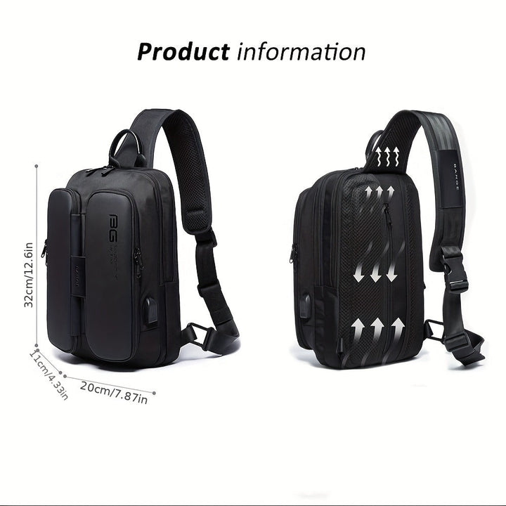 Zaino monospalla nero impermeabile, design moderno, dimensioni 32x20x11 cm, ideale per laptop, viaggio, lavoro, con tasche multiple e cinghia regolabile.