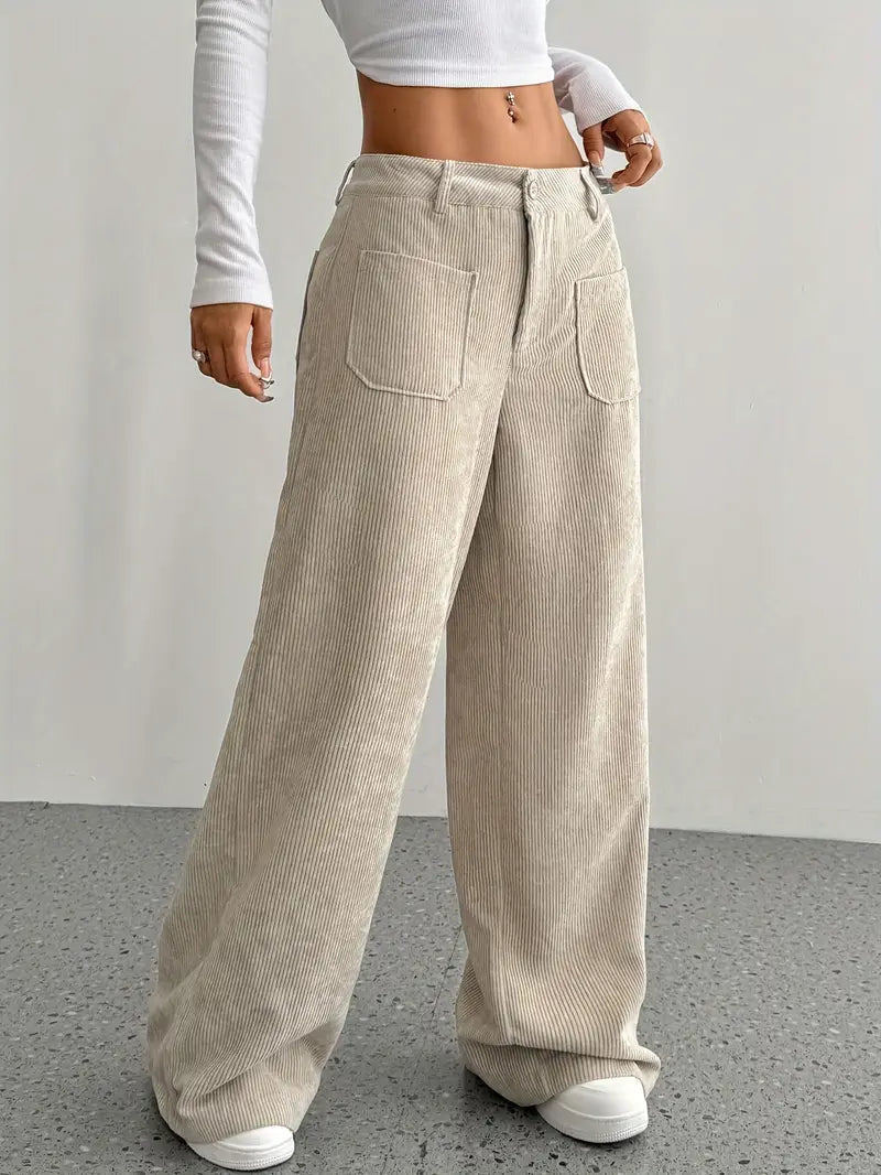 Pantaloni Donna a Coste Vita Alta Gamba Larga - Vesarelli