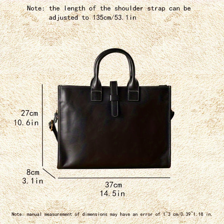 Borsa a mano in pelle nera, dimensioni 37x27x8 cm, con tracolla regolabile fino a 135 cm. Elegante e spaziosa, ideale per lavoro e viaggio.