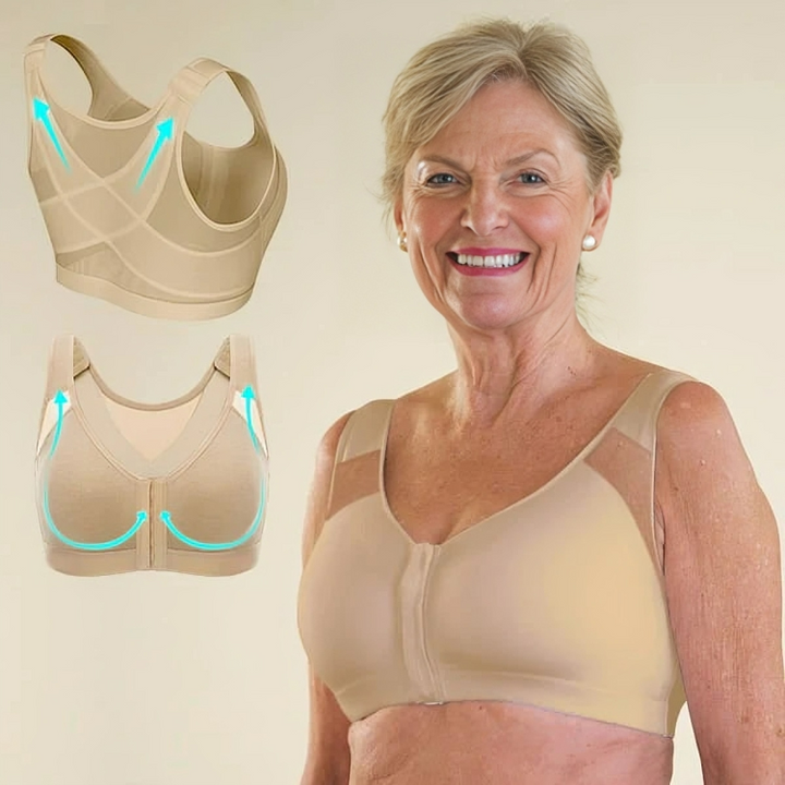 Reggiseno posturale beige per donna anziana, supporto schiena, chiusura frontale, comfort quotidiano, design ergonomico, miglioramento postura.