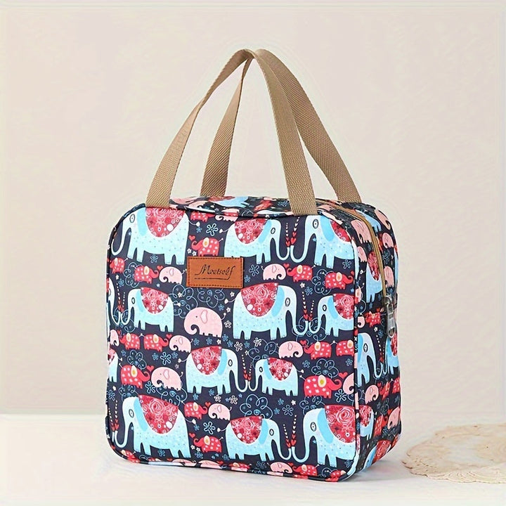 Borsa termica con motivo elefanti colorati, manici beige, ideale per picnic e pranzo al sacco. Design vivace e funzionale per ogni occasione.