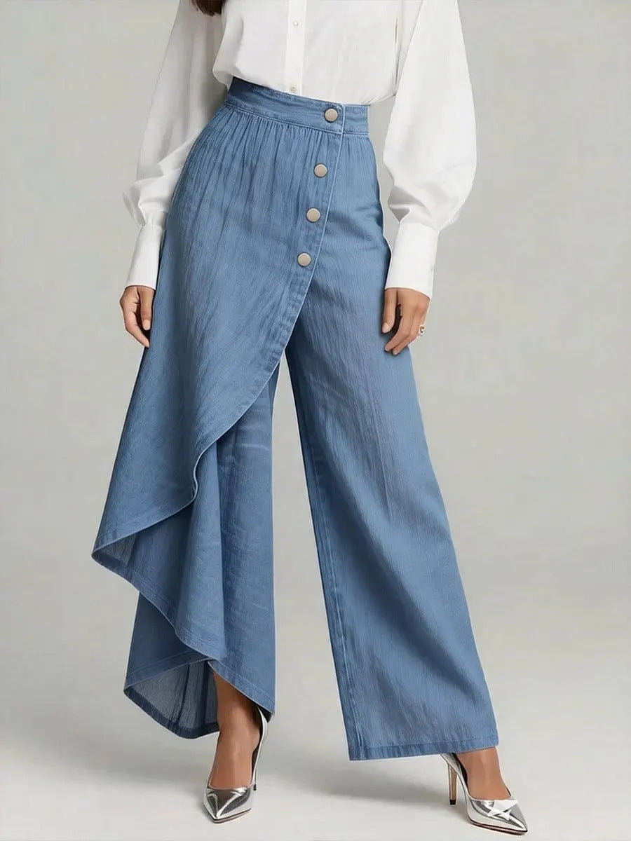 Pantaloni Donna Finto Denim Gamba Dritta Bottoni Arricciati