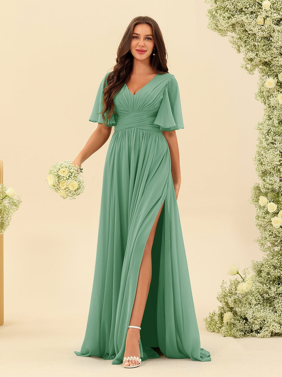 Abito Lungo Donna in Chiffon A-Line Fluido con Spacco Laterale