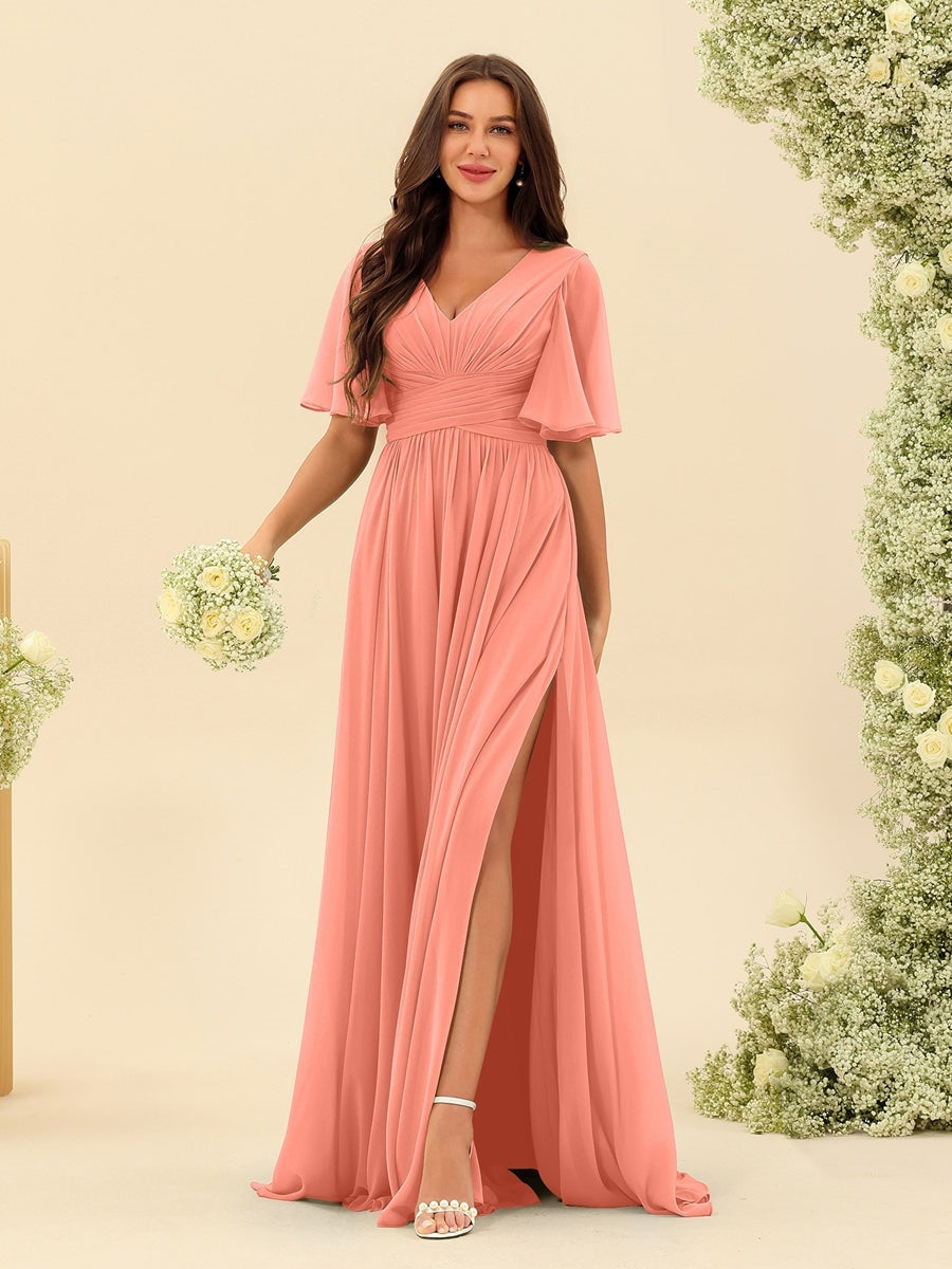 Abito Lungo Donna in Chiffon A-Line Fluido con Spacco Laterale