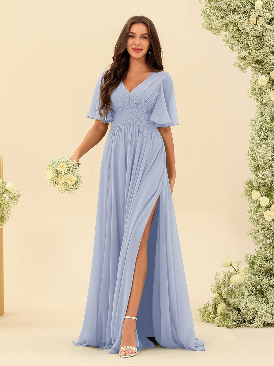 Abito Lungo Donna in Chiffon A-Line Fluido con Spacco Laterale
