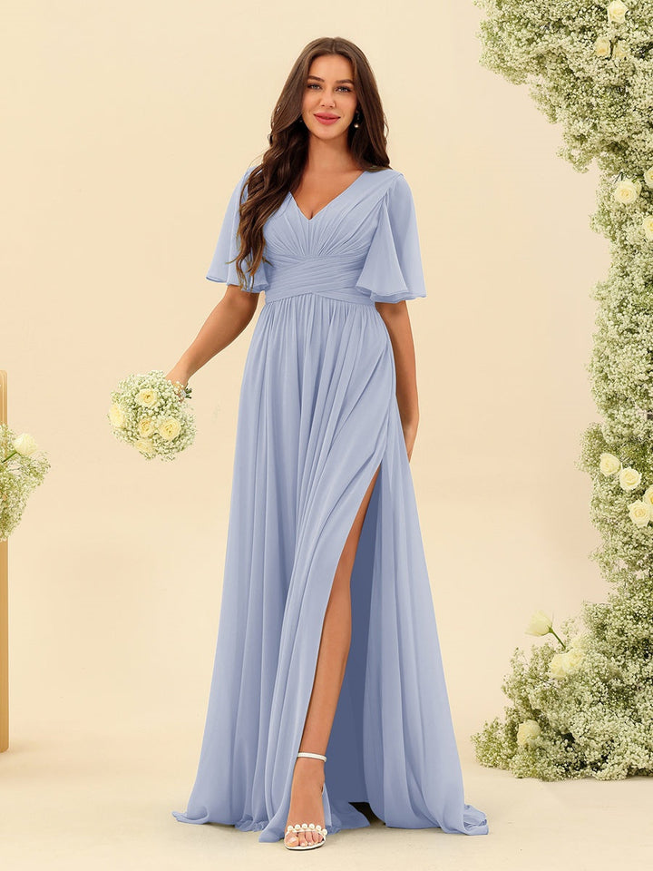 Abito Lungo Donna in Chiffon A-Line Fluido con Spacco Laterale