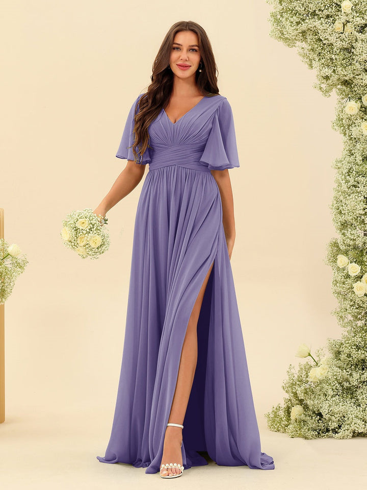 Abito Lungo Donna in Chiffon A-Line Fluido con Spacco Laterale