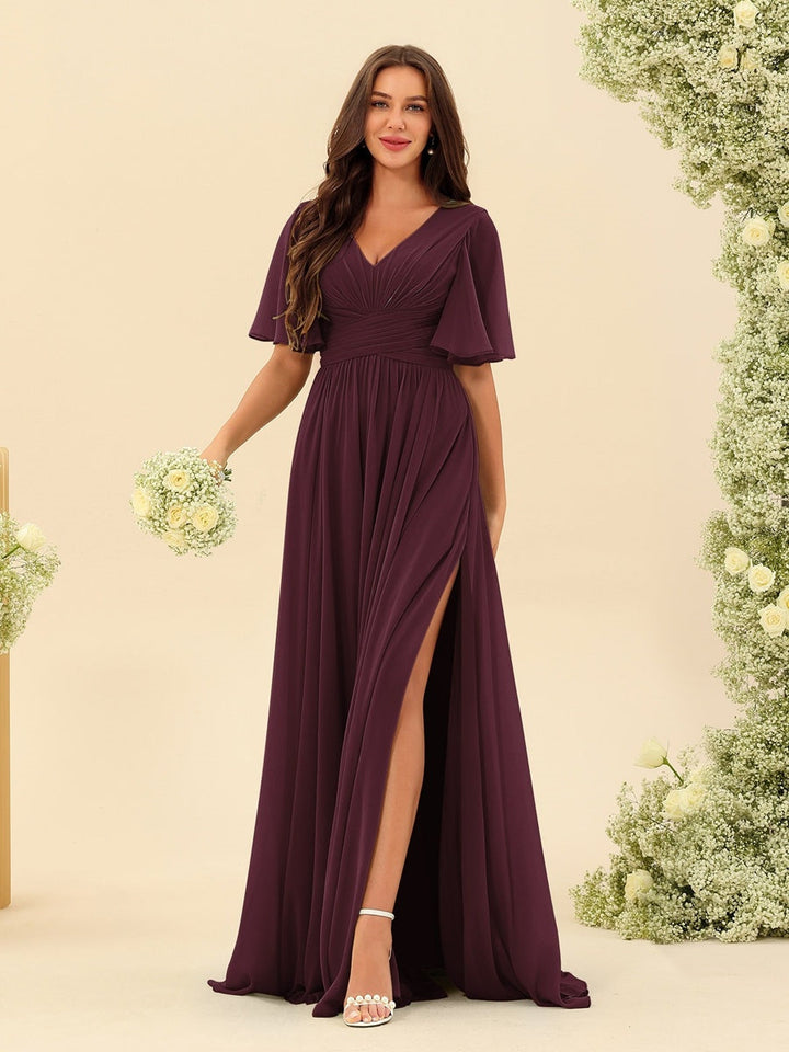 Abito Lungo Donna in Chiffon A-Line Fluido con Spacco Laterale