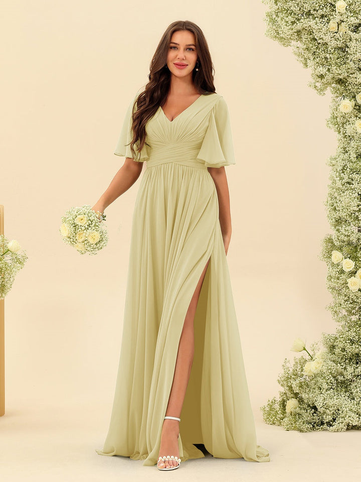 Abito Lungo Donna in Chiffon A-Line Fluido con Spacco Laterale