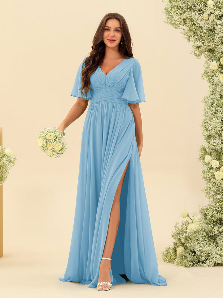 Abito Lungo Donna in Chiffon A-Line Fluido con Spacco Laterale
