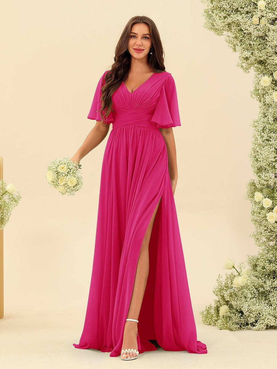Abito Lungo Donna in Chiffon A-Line Fluido con Spacco Laterale