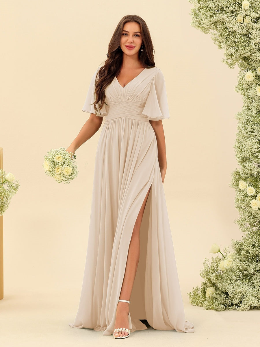 Abito Lungo Donna in Chiffon A-Line Fluido con Spacco Laterale