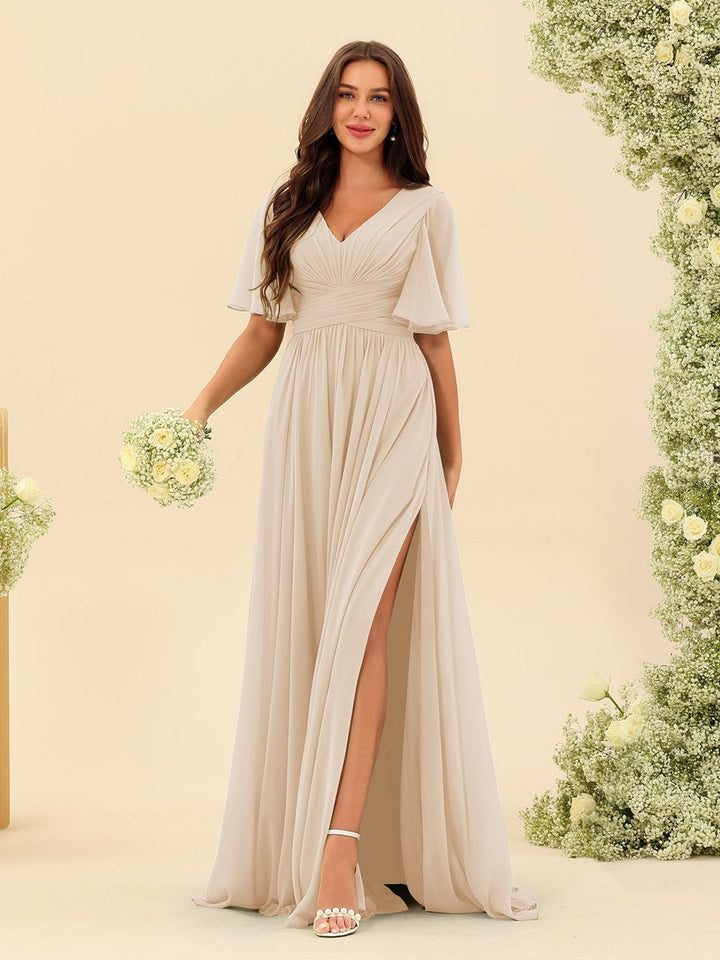 Abito Lungo Donna in Chiffon A-Line Fluido con Spacco Laterale