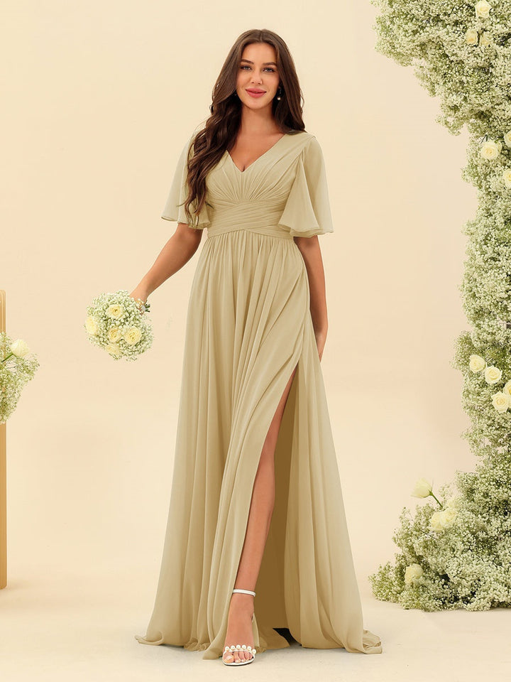 Abito Lungo Donna in Chiffon A-Line Fluido con Spacco Laterale