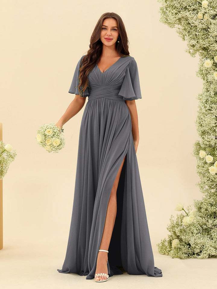 Abito Lungo Donna in Chiffon A-Line Fluido con Spacco Laterale