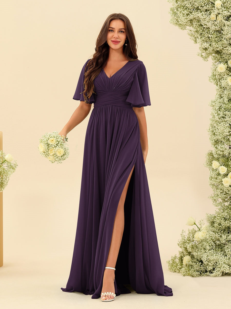 Abito Lungo Donna in Chiffon A-Line Fluido con Spacco Laterale