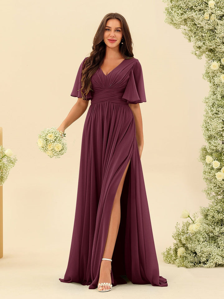 Abito Lungo Donna in Chiffon A-Line Fluido con Spacco Laterale