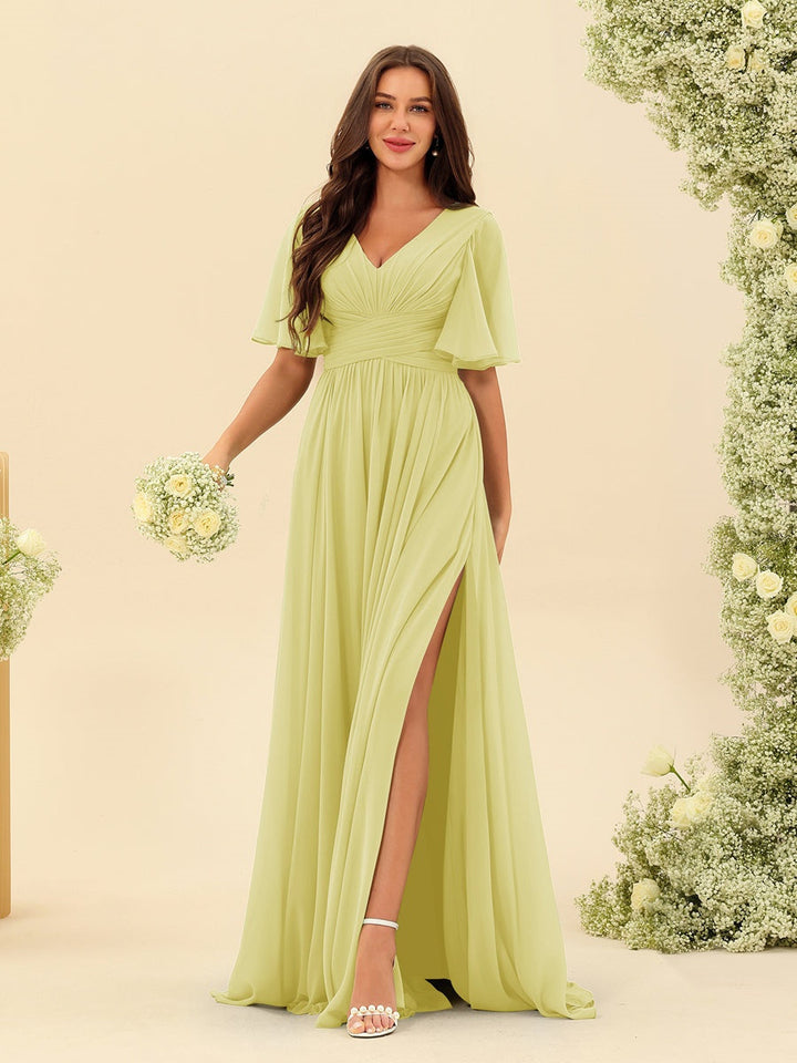 Abito Lungo Donna in Chiffon A-Line Fluido con Spacco Laterale