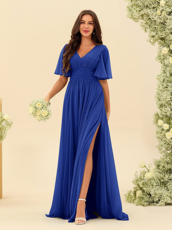 Abito Lungo Donna in Chiffon A-Line Fluido con Spacco Laterale