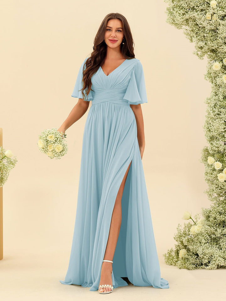 Abito Lungo Donna in Chiffon A-Line Fluido con Spacco Laterale