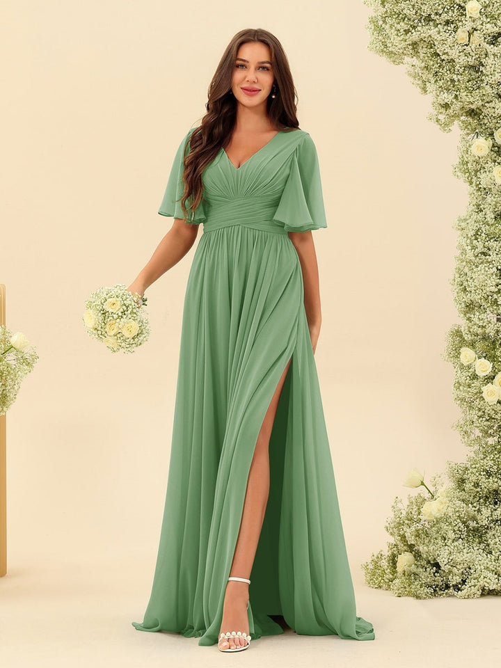 Abito Lungo Donna in Chiffon A-Line Fluido con Spacco Laterale