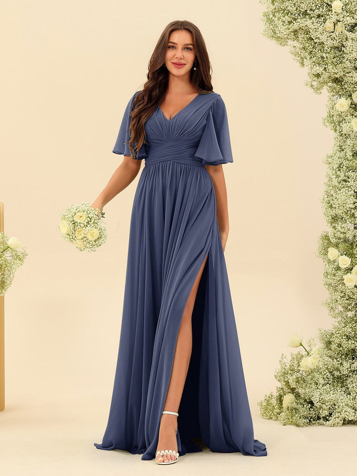 Abito Lungo Donna in Chiffon A-Line Fluido con Spacco Laterale