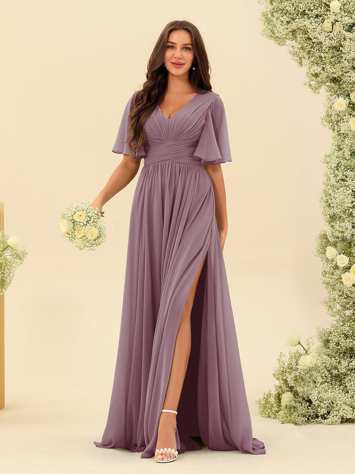Abito Lungo Donna in Chiffon A-Line Fluido con Spacco Laterale
