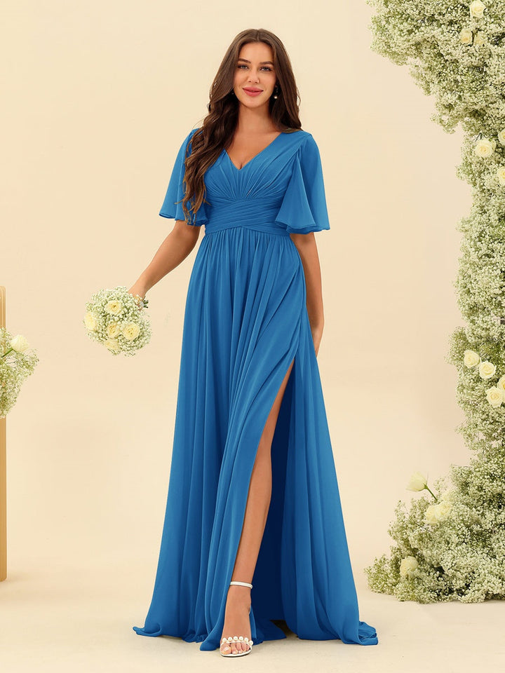 Abito Lungo Donna in Chiffon A-Line Fluido con Spacco Laterale