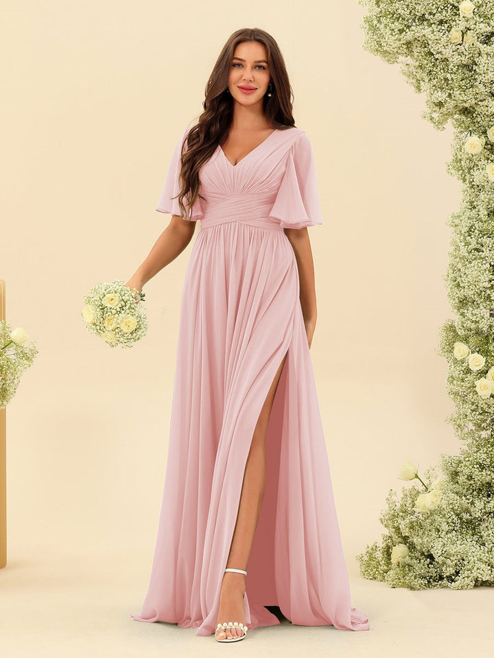 Abito Lungo Donna in Chiffon A-Line Fluido con Spacco Laterale