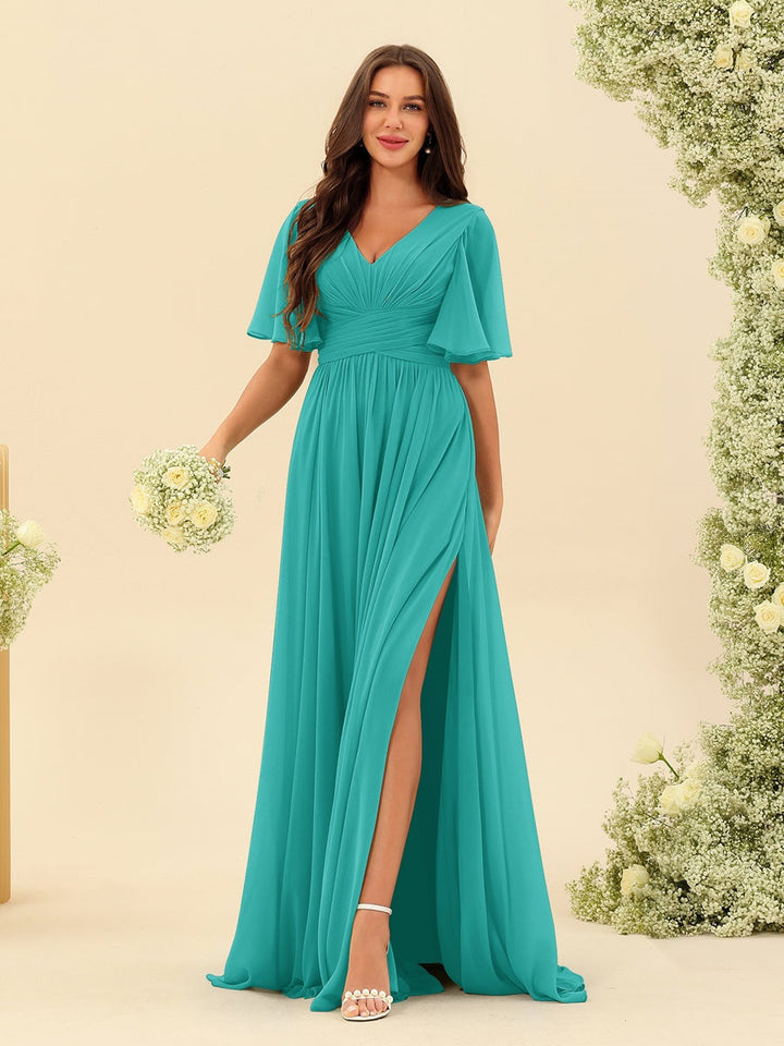 Abito Lungo Donna in Chiffon A-Line Fluido con Spacco Laterale