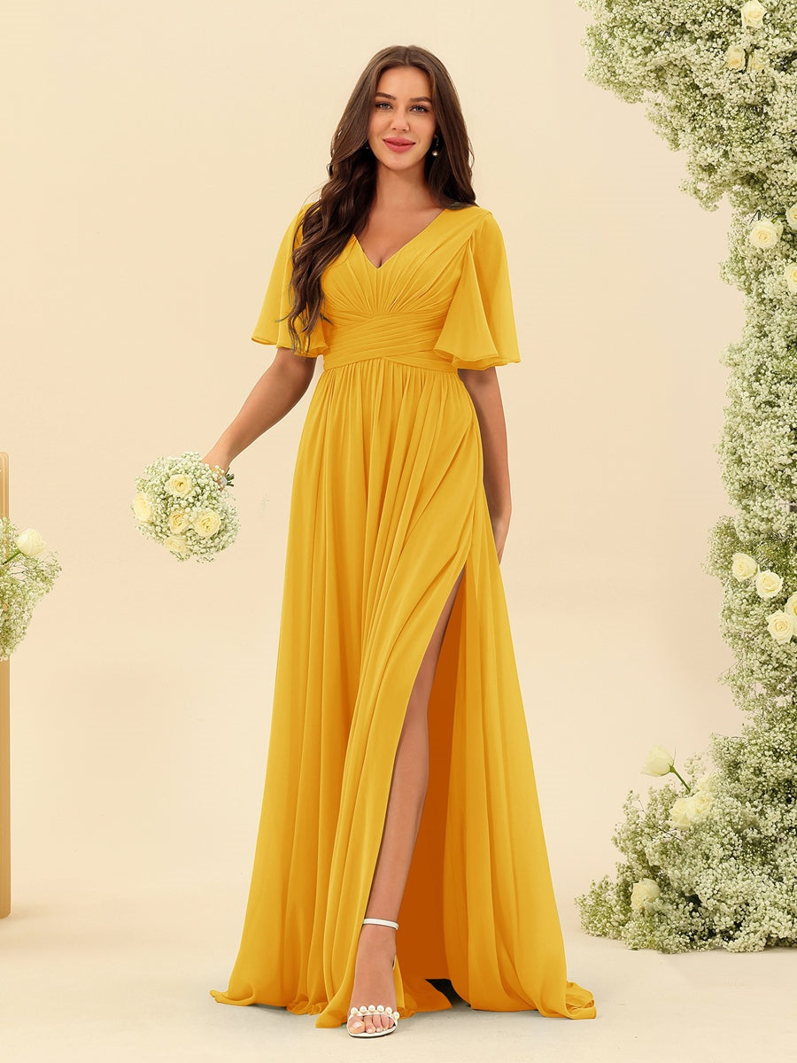 Abito Lungo Donna in Chiffon A-Line Fluido con Spacco Laterale