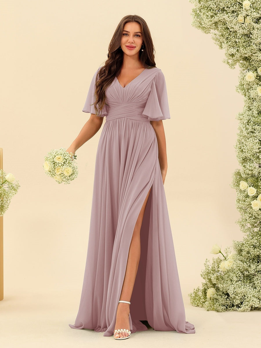 Abito Lungo Donna in Chiffon A-Line Fluido con Spacco Laterale
