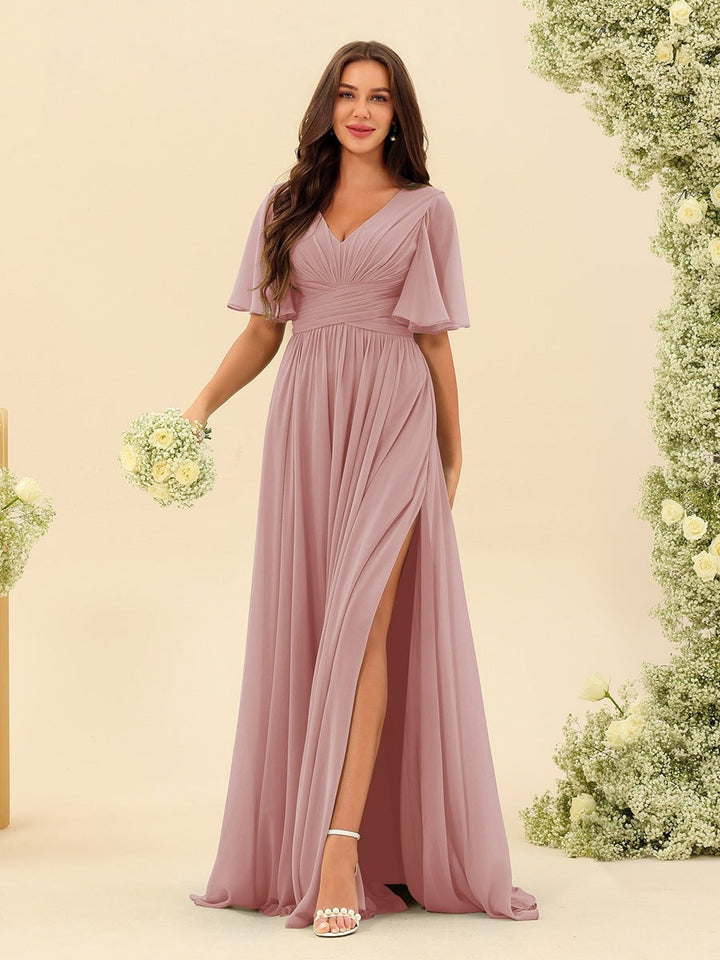 Abito Lungo Donna in Chiffon A-Line Fluido con Spacco Laterale