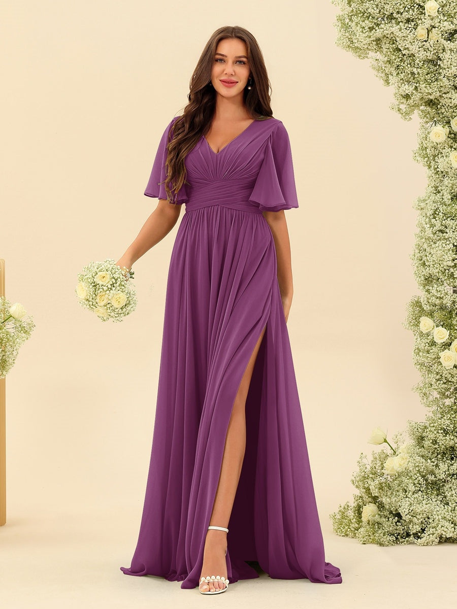 Abito Lungo Donna in Chiffon A-Line Fluido con Spacco Laterale
