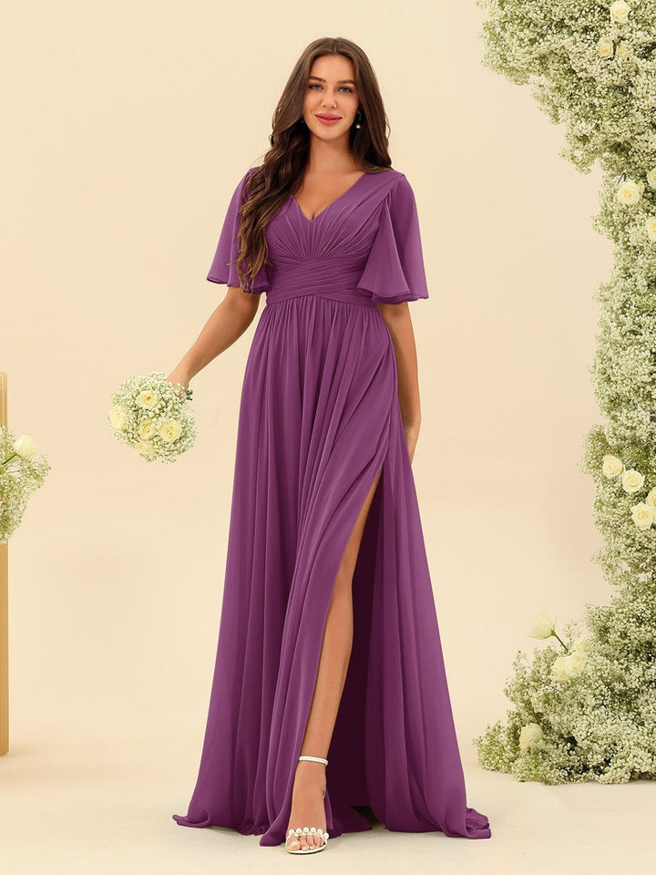 Abito Lungo Donna in Chiffon A-Line Fluido con Spacco Laterale
