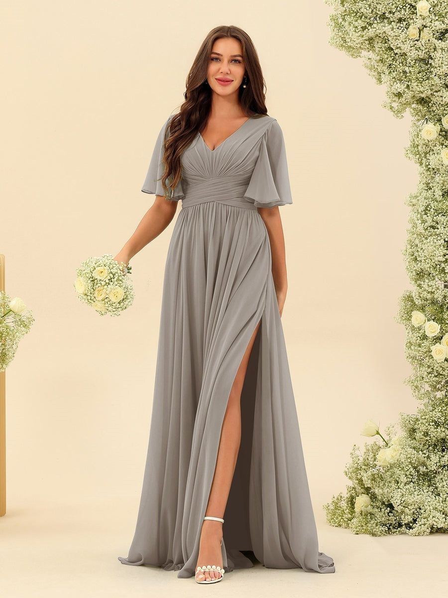 Abito Lungo Donna in Chiffon A-Line Fluido con Spacco Laterale