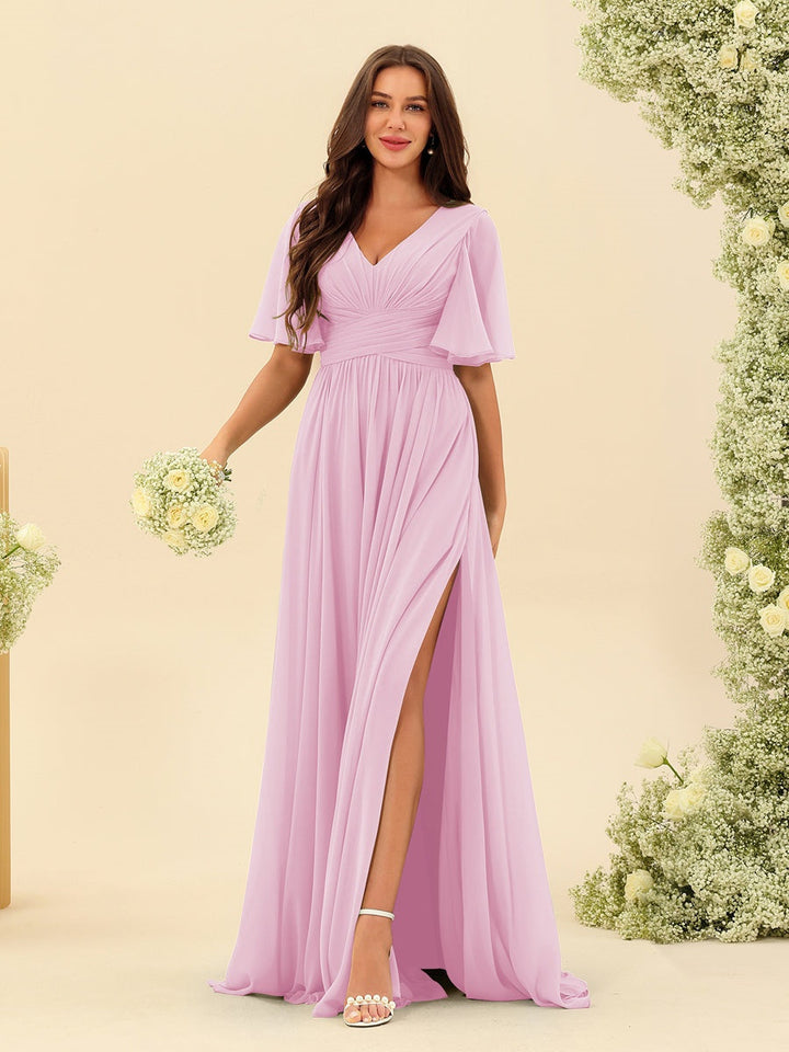 Abito Lungo Donna in Chiffon A-Line Fluido con Spacco Laterale