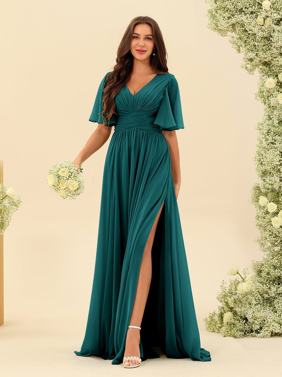 Abito Lungo Donna in Chiffon A-Line Fluido con Spacco Laterale