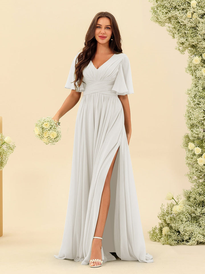 Abito Lungo Donna in Chiffon A-Line Fluido con Spacco Laterale