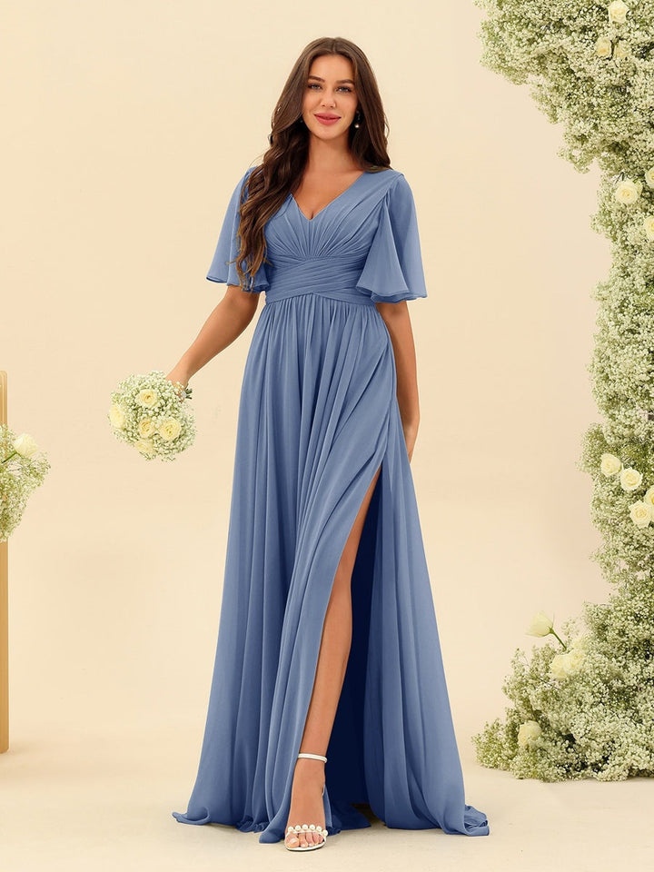 Abito Lungo Donna in Chiffon A-Line Fluido con Spacco Laterale