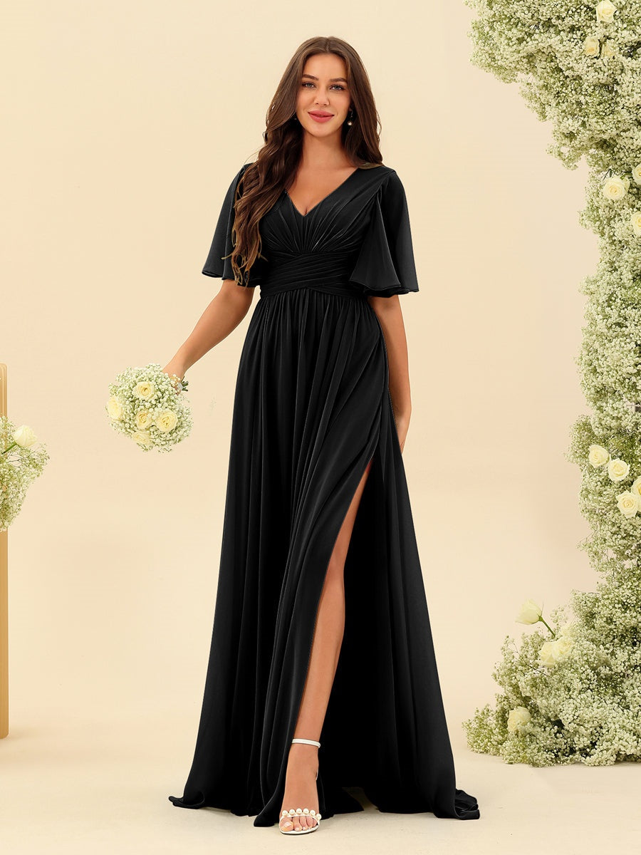 Abito Lungo Donna in Chiffon A-Line Fluido con Spacco Laterale