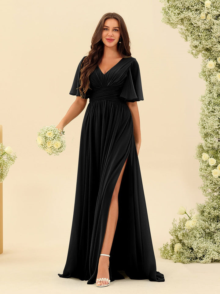 Abito Lungo Donna in Chiffon A-Line Fluido con Spacco Laterale