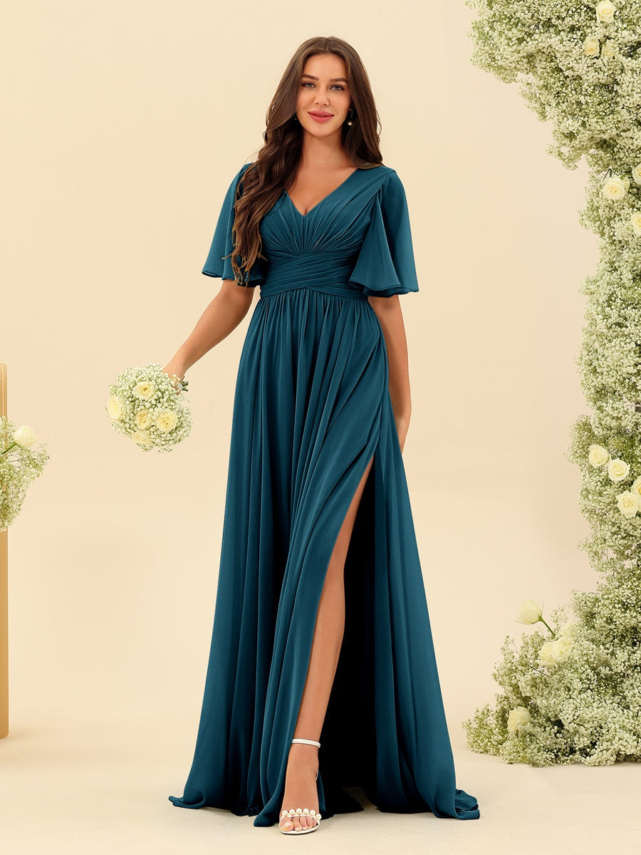 Abito Lungo Donna in Chiffon A-Line Fluido con Spacco Laterale