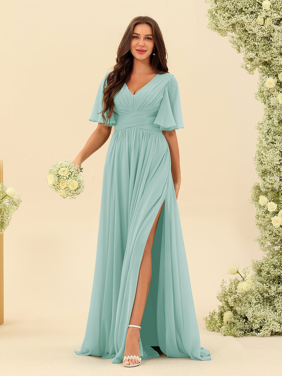 Abito Lungo Donna in Chiffon A-Line Fluido con Spacco Laterale