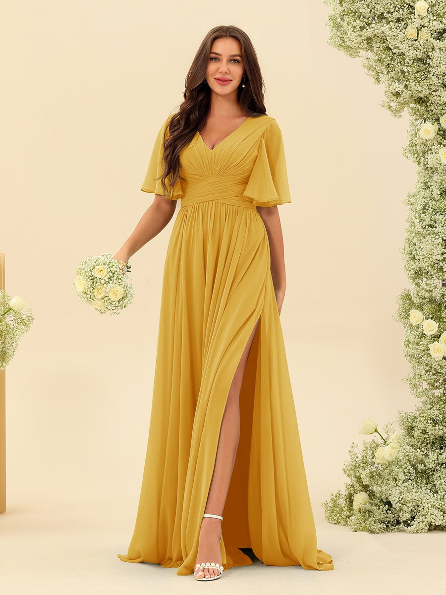 Abito Lungo Donna in Chiffon A-Line Fluido con Spacco Laterale