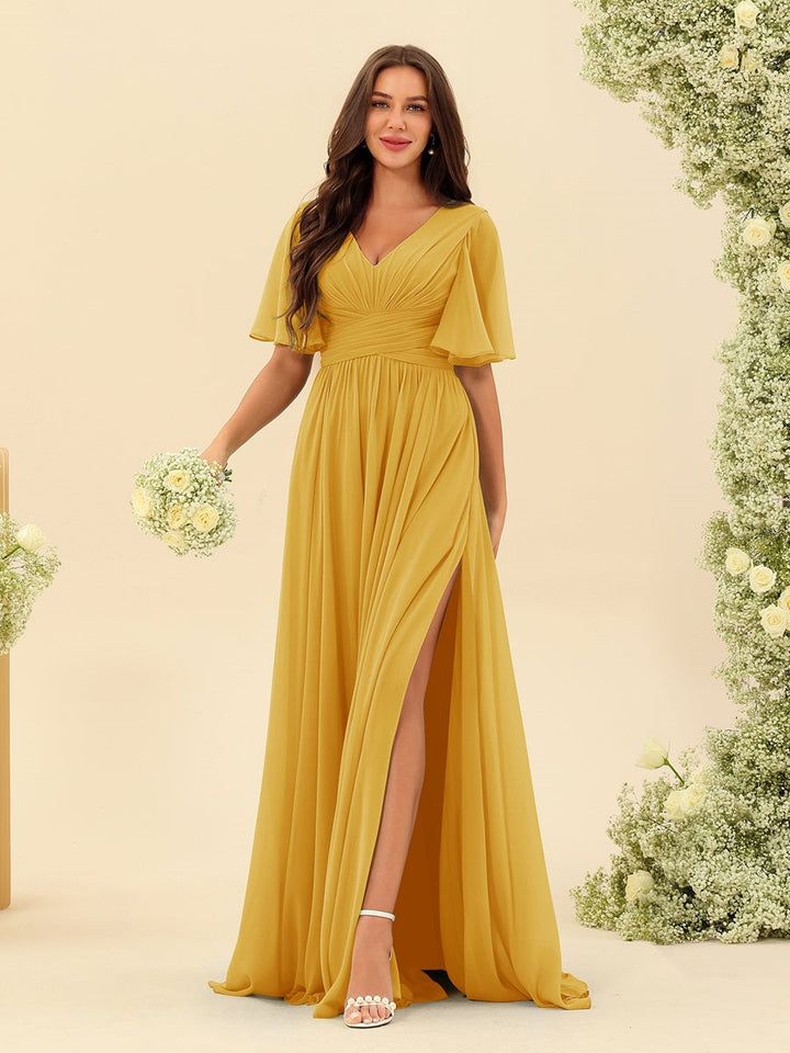 Abito Lungo Donna in Chiffon A-Line Fluido con Spacco Laterale